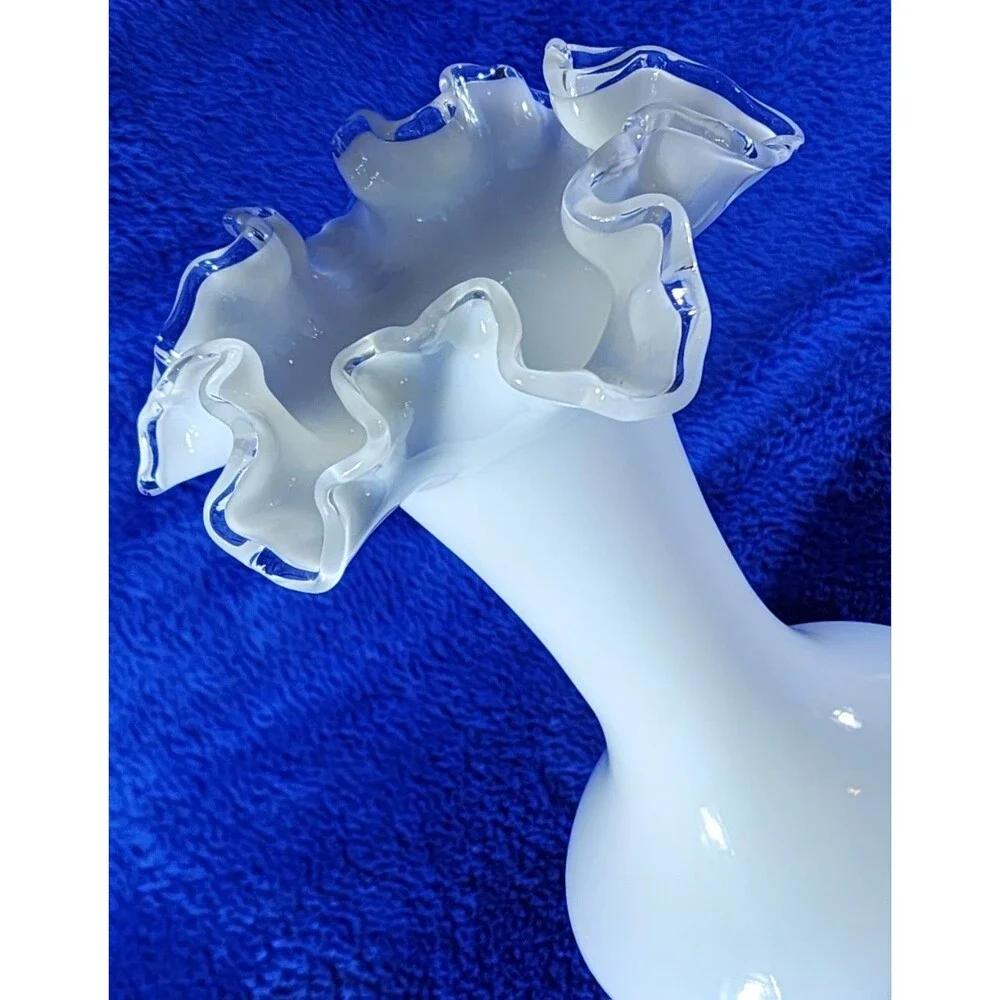 Vintage Fenton-Style Silver Crest Milk Glass Vase w/Clear Double Crimped Lip